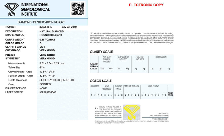 IGI diamante in blister certificato taglio brillante 0,187ct colore D purezza VS 1 - Capodagli 1937