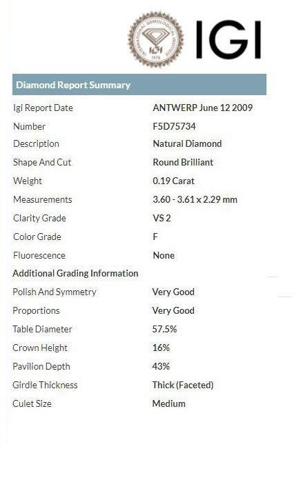 IGI diamante in blister certificato taglio brillante 0,19ct colore F purezza VS 2 - Capodagli 1937