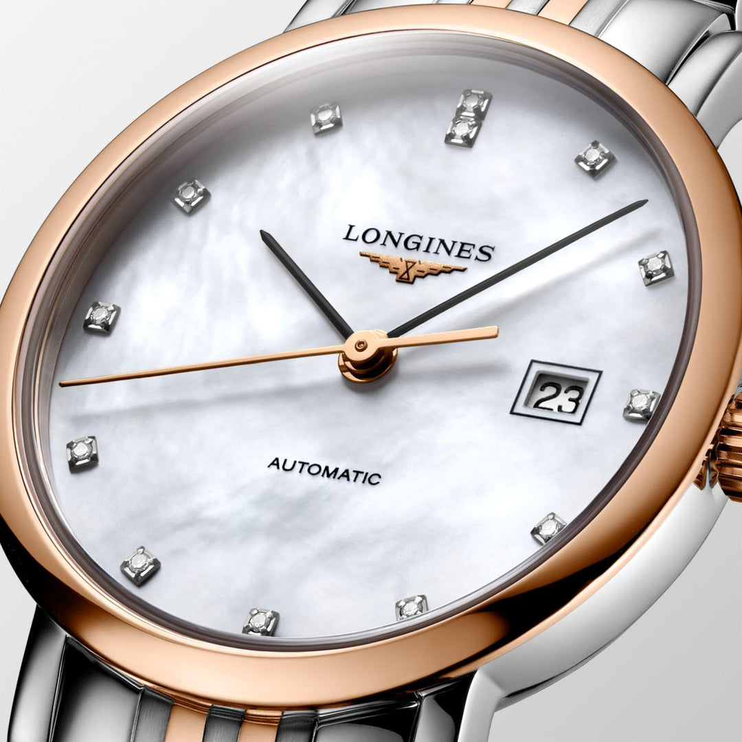 Longines orologio Elegant Collection 29mm madreperla brillanti automatico acciaio finiture oro rosa L4.310.5.87.7 - Capodagli 1937