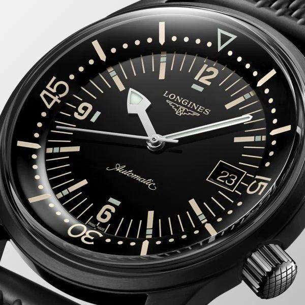 Longines orologio The Longines Legend Diver Watch 42mm nero automatico acciaio finitura PVD nero L3.774.2.50.9 - Capodagli 1937