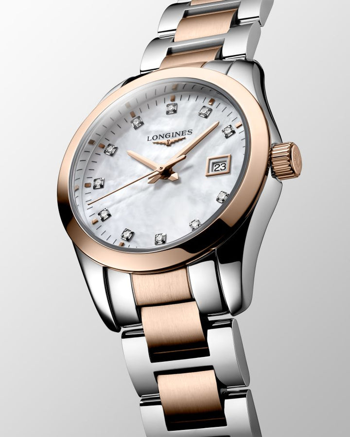 Longines orologio Conquest Classic 29,5mm madreperla diamanti quarzo acciaio finitura PVD oro rosa L2.286.3.87.7 - Capodagli 1937