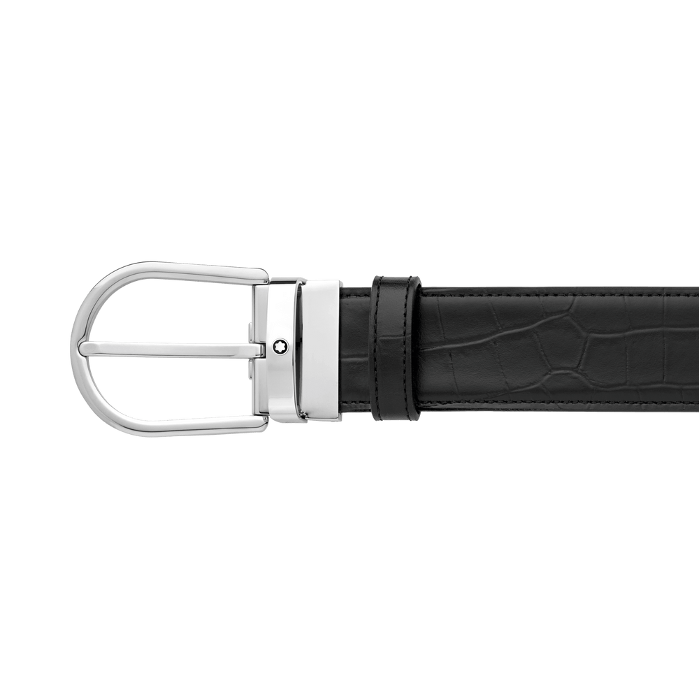 Montblanc cintura 35mm fibbia ferro di cavallo reversibile pelle nera liscia e stampata 130016 - Capodagli 1937