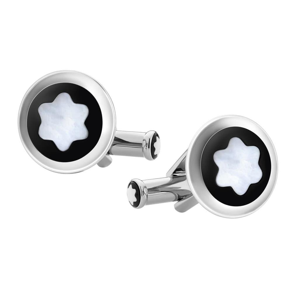 Montblanc gemelli Star rotondi acciaio pregiato con inserto PVD nero e madreperla 123810 - Gioielleria Capodagli