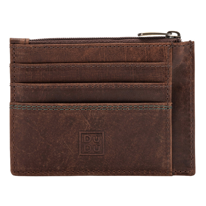 DUDU Credit Card Holder Men's Coin Wallet Vintage Leather Aged Slim Wallet Zipper Zip