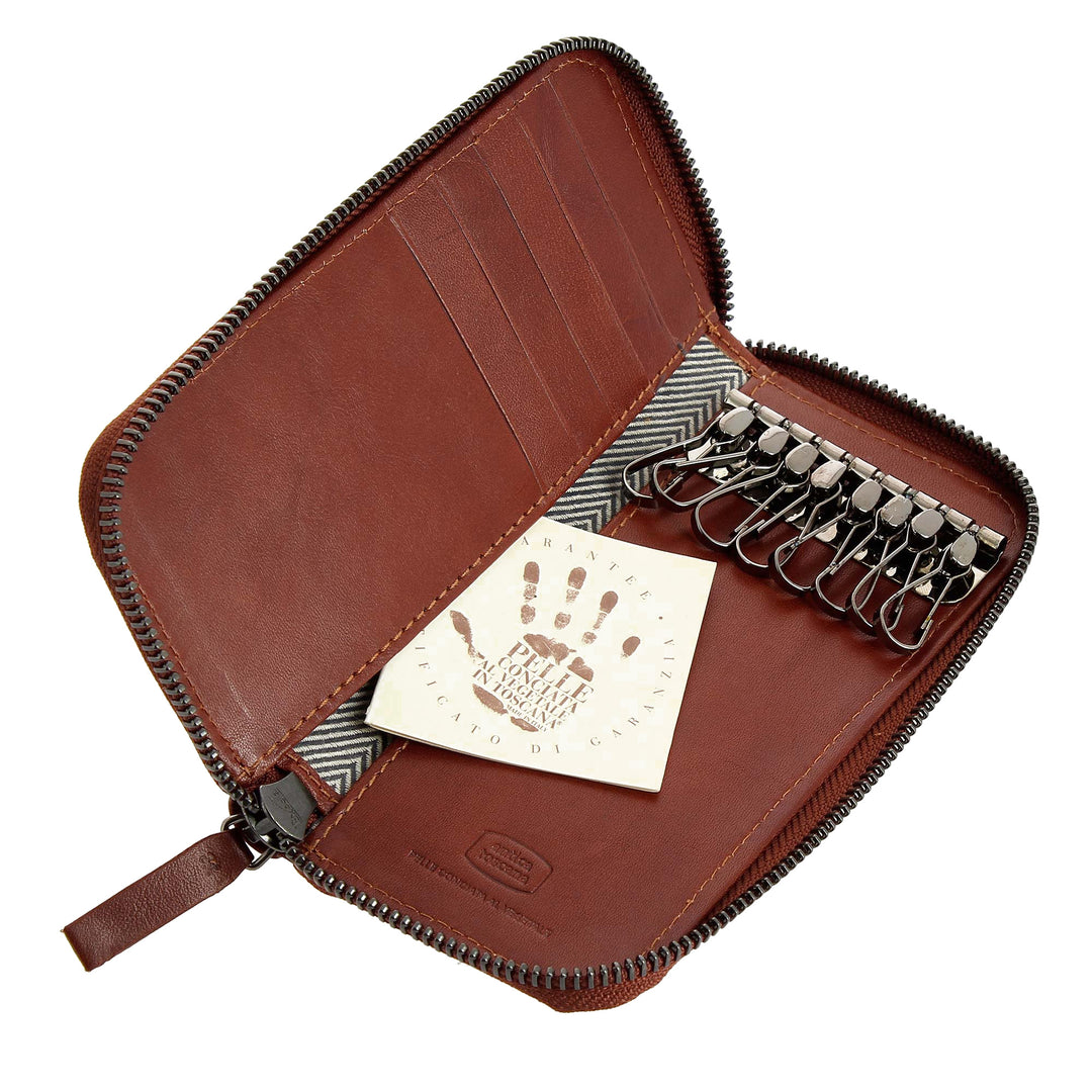 Antiguo llavero de cuero genuino de Toscana con 8 ganchos con cremallera alrededor y 5 bolsillos Portatarjetas de crédito