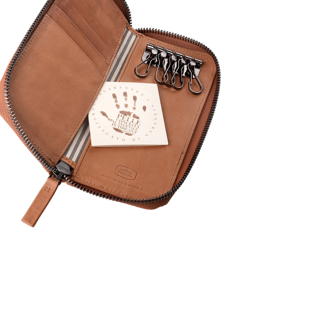 Antica Toscana Keychain en cuero real de 8 -Hook con cremallera con cremallera con cremallera y 5 bolsillos de tarjetas de crédito