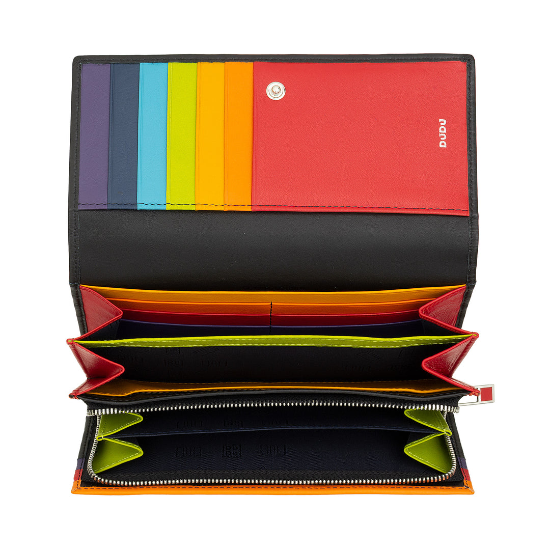 DUDU Women's Wallet RFID Leather Colorful Design Long with Coin Wallet Zip 18 Card Holder and Button Closure