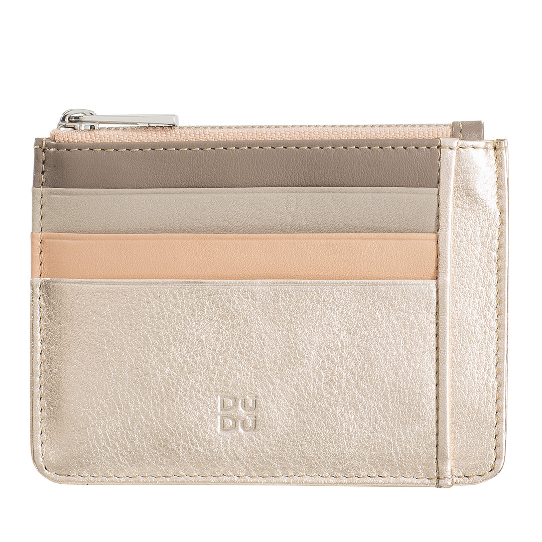 DUDU Women Small Card Holder in Leather Nappa Pink Metal with Zipper Zip and Credit Card Holder
