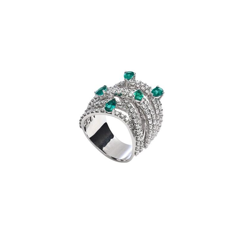 Sidalo anello a fascia oro bianco 18kt 12,10g diamanti 2,14ct smeraldi 0,81ct M 4727 AS - Gioielleria Capodagli