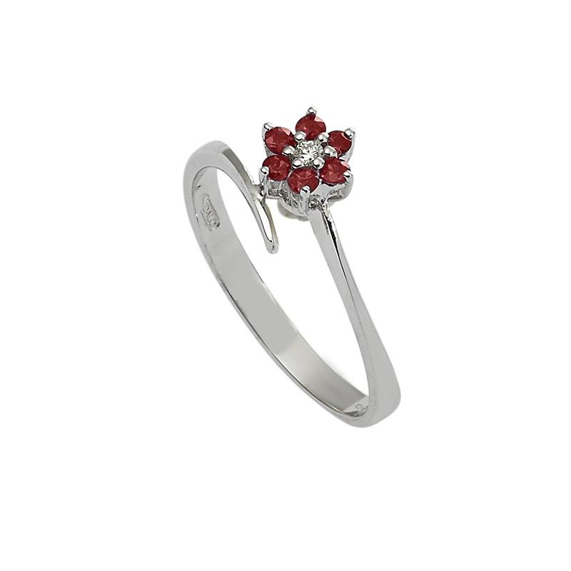 Sidalo anello solitario valentine fiore oro bianco 18kt 2,20g diamante 0,02ct rubini 0,18ct M 2638 AR - Gioielleria Capodagli