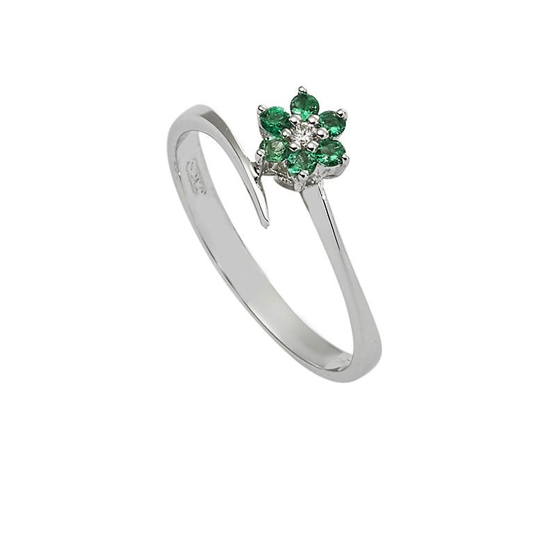 Sidalo anello solitario valentine fiore oro bianco 18kt 2,20g diamante 0,02ct smeraldi 0,13ct M 2638 AS - Gioielleria Capodagli