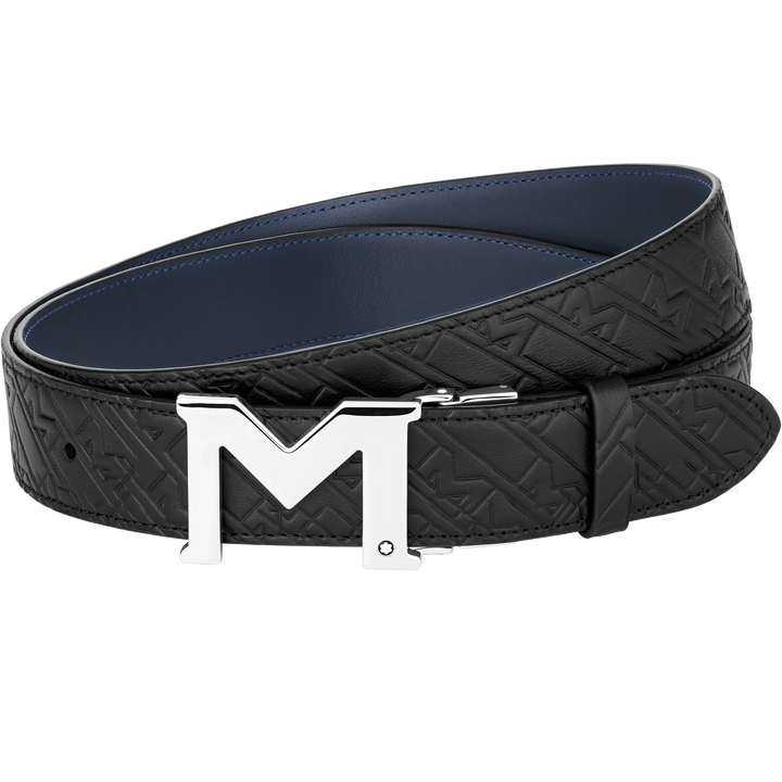 Montblanc Cinturón de 35 mm con hebilla M de piel negra/azul reversible ajustable en tamaño 128787