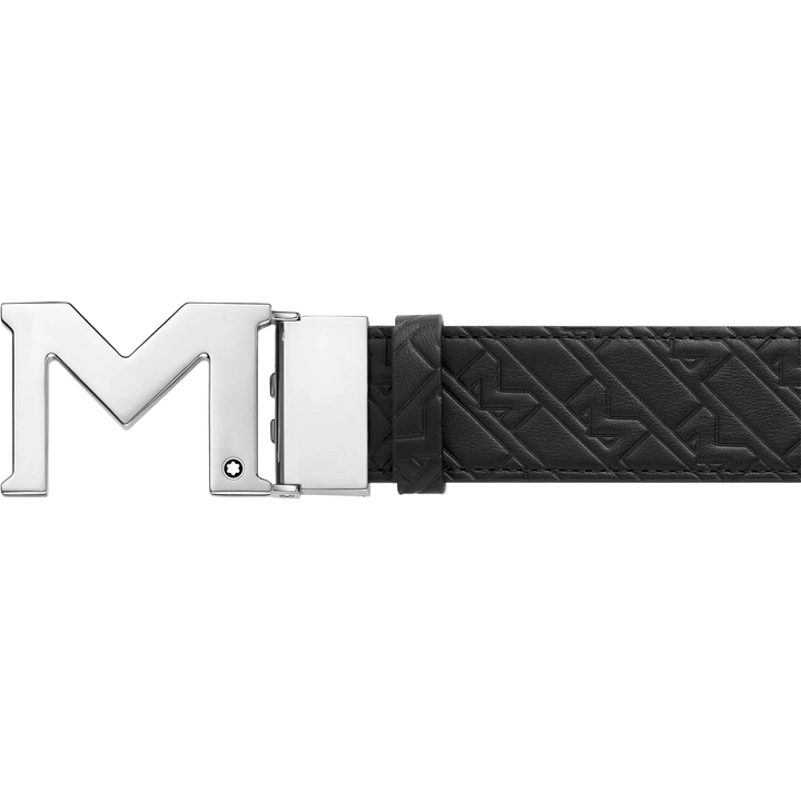 Montblanc Cinturón de 35 mm con hebilla M de piel negra/azul reversible ajustable en tamaño 128787