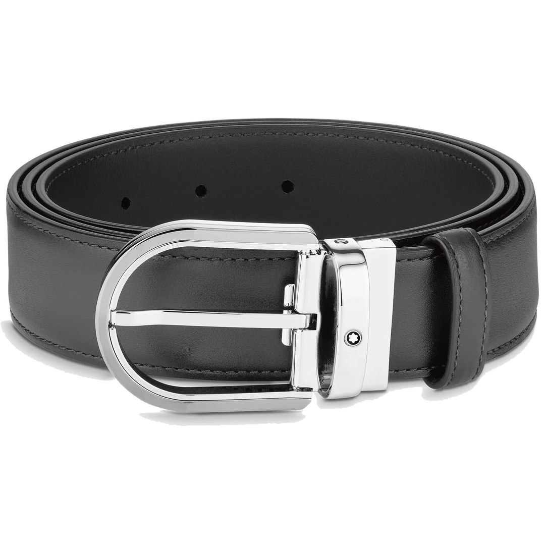 Montblanc 35mm grey leather belt with horseshoe buckle 129437