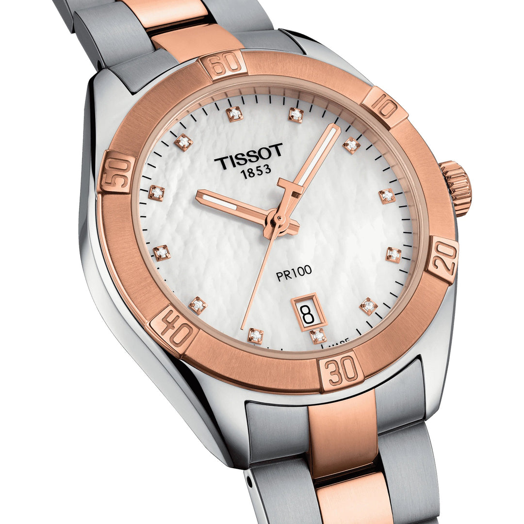 Reloj Tissot PR 100 Sport Chic 36mm nácar de acero con acabado en cuarzo PVD oro rosa T101.910.22.116.00