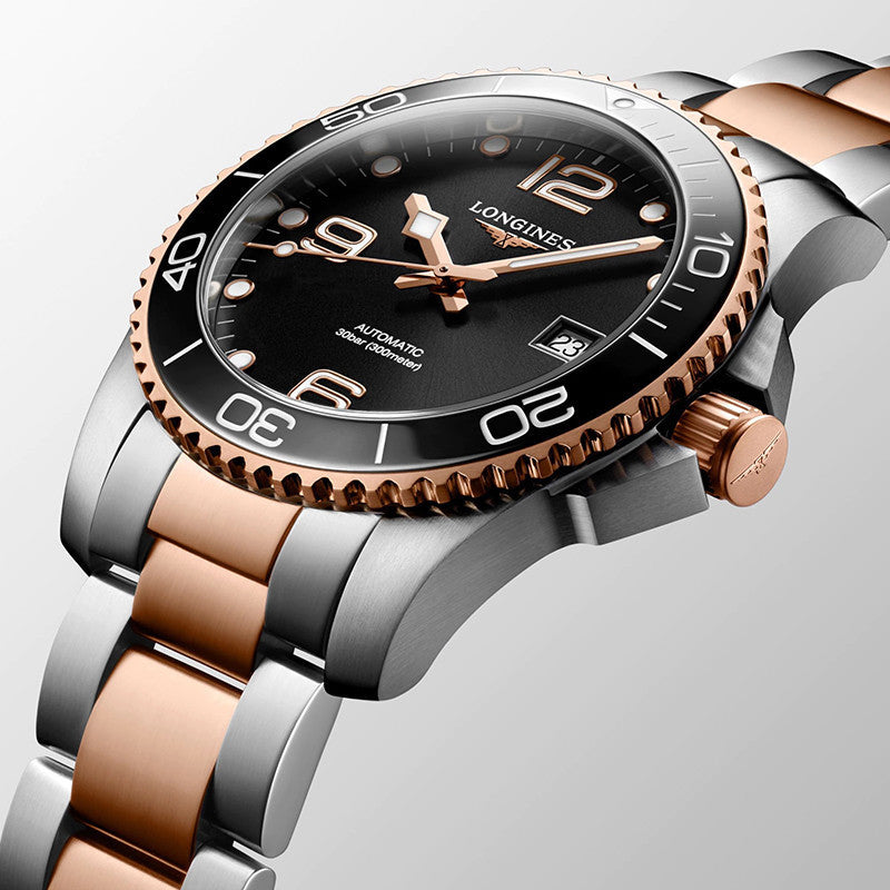 Longines watch HydroConquest 43mm black automatic steel finishes PVD rose gold L3.782.3.58.7