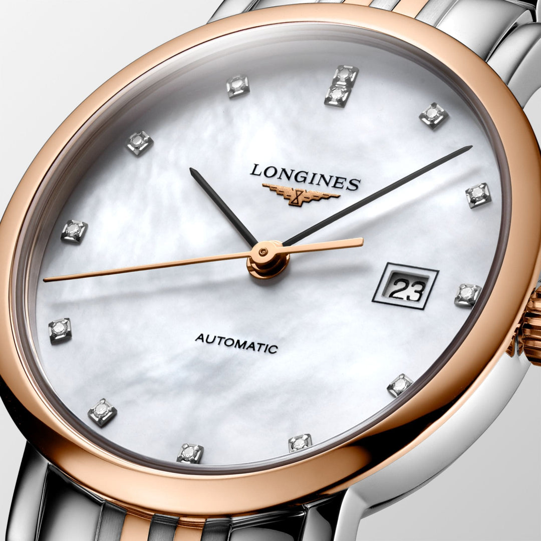 Longines Watch Elegant Collection 29mm Mother of Pearl Brilliant Automatic Steel Finishes Rose Gold L4.310.5.87.7