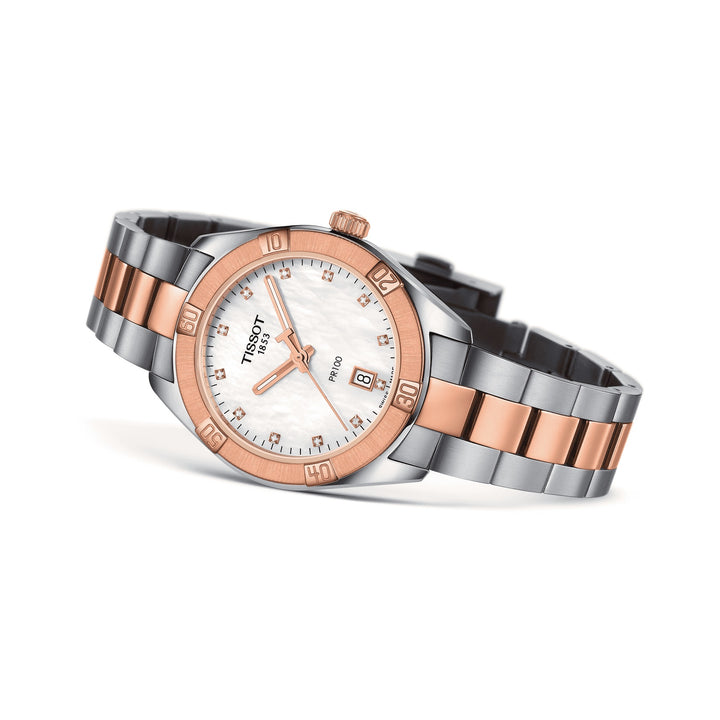 Reloj Tissot PR 100 Sport Chic 36mm nácar de acero con acabado en cuarzo PVD oro rosa T101.910.22.116.00