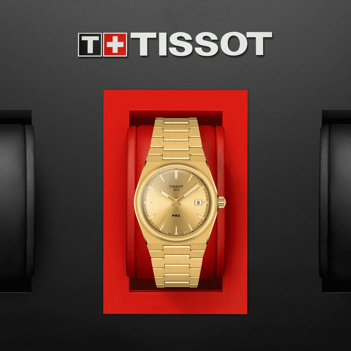 Tissssot watch PRX 35mm champagne quartz steel finish PVD yellow gold T137.210.33.021.00