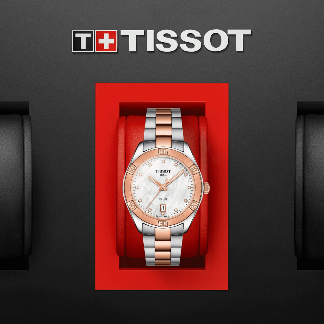 Tissot Clock PR 100 Sport Chic 36mm Mutterquarz Stahl Finish PVD Gold Rose T101.910.22.116.00