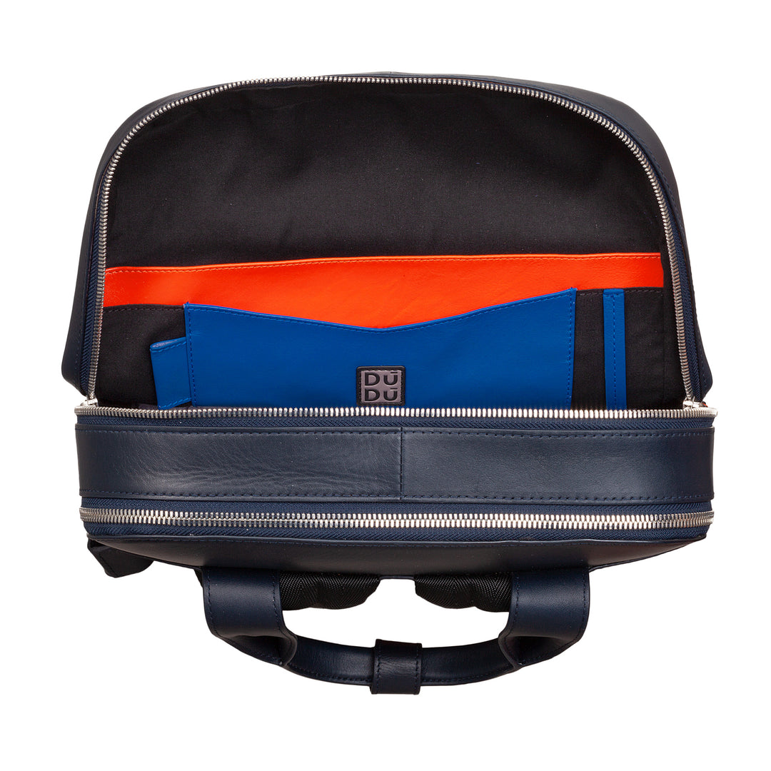 DUDU Men's Backpack Genuine Leather, PC Backpack up to 16", Tablet Holder, Business Travel Backpack Elegant Colorful with Trolley Mount